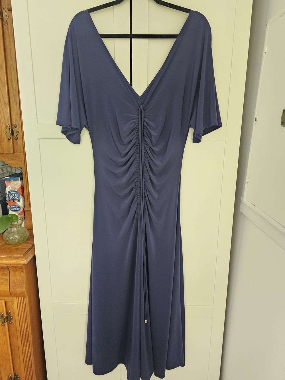 White House Black Market Short-Sleeve Ruched Front Midi Dress Officer Blue XL